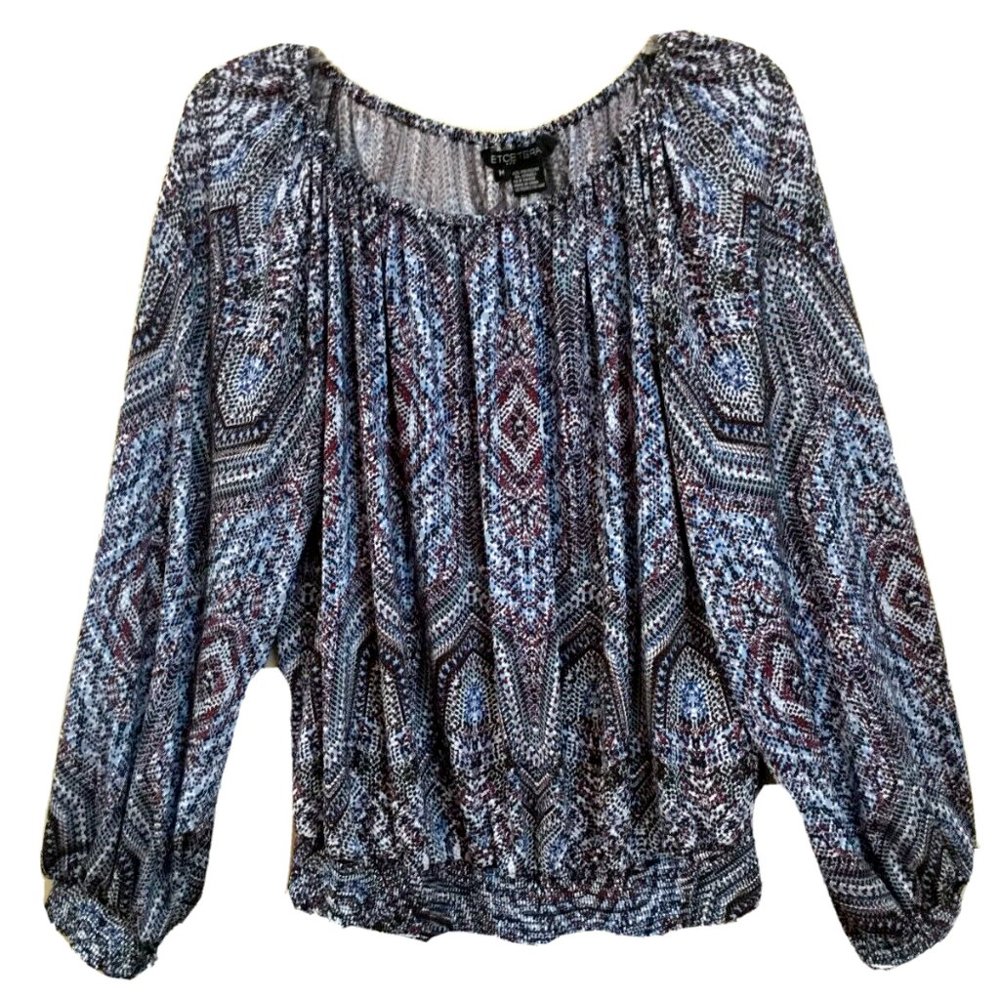 Etcetera Women Size M Peasant Blouse Top Smocked Openings Stretch Blue Burgundy